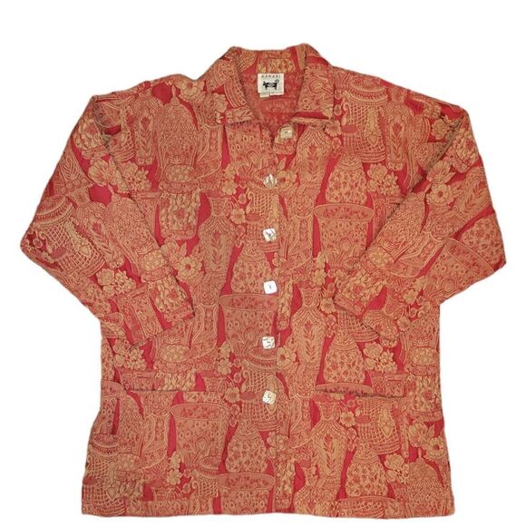 Vintage Harari Red Brocade Textured Jacket Long Sleeve Button Down Top One Size - Picture 11 of 16